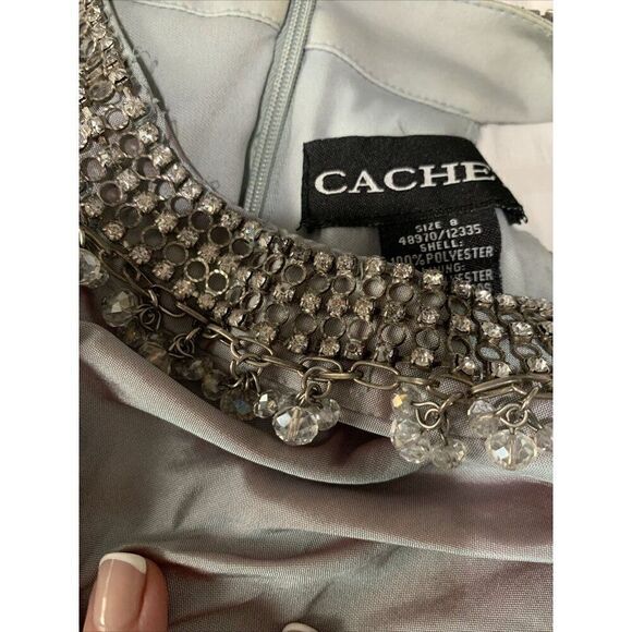 Cachet Blue Gray Formal Tank Ruched Mini Dress Rhinestone 8 Medium - Picture 4 of 6